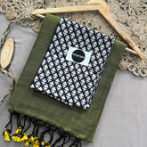 Light Mehndi  Handloom Cotton Saree With Black Print Blouse